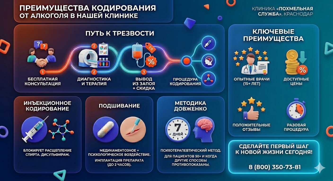 Инфографика о методах кодирования от алкоголя в Султан-Янги-Юрт: инъекции, подшивание, метод Довженко. Преимущества клиники и этапы лечения.